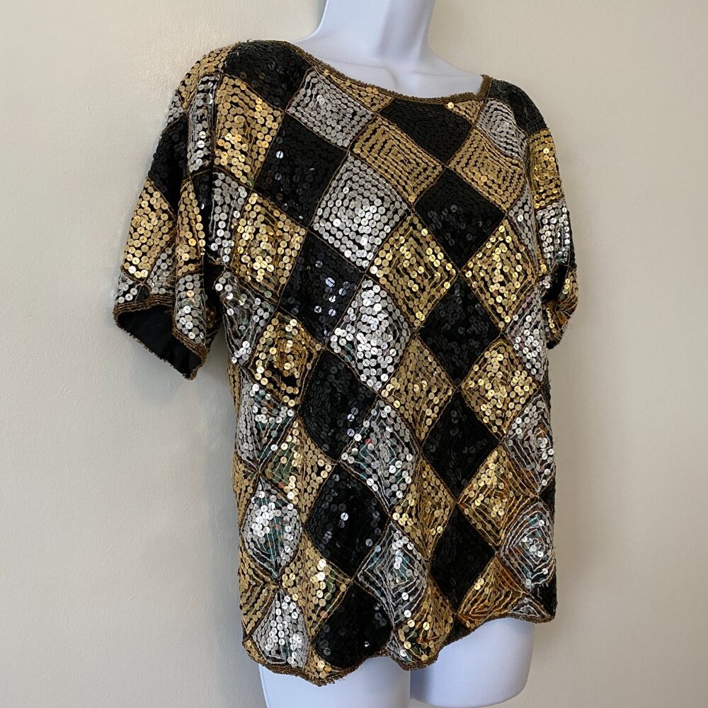 Vintage Scala Diamond Pattern Sequin Short Sleeve… - image 3